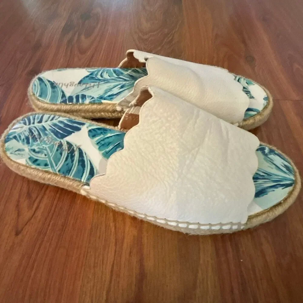 J. McLaughlin Aeries white genuine leather slides with palm print insole espadri